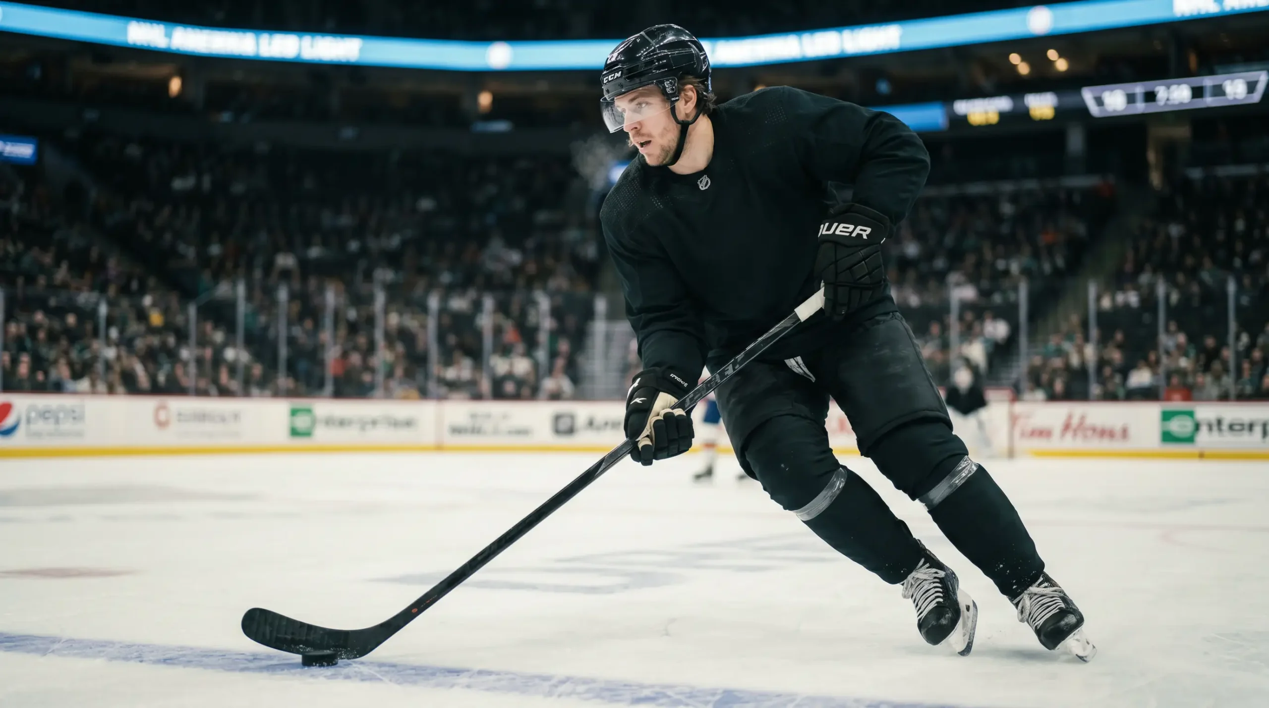 NHL forward in full kit carrying the puck through the neutral zone in a primetime hockey match