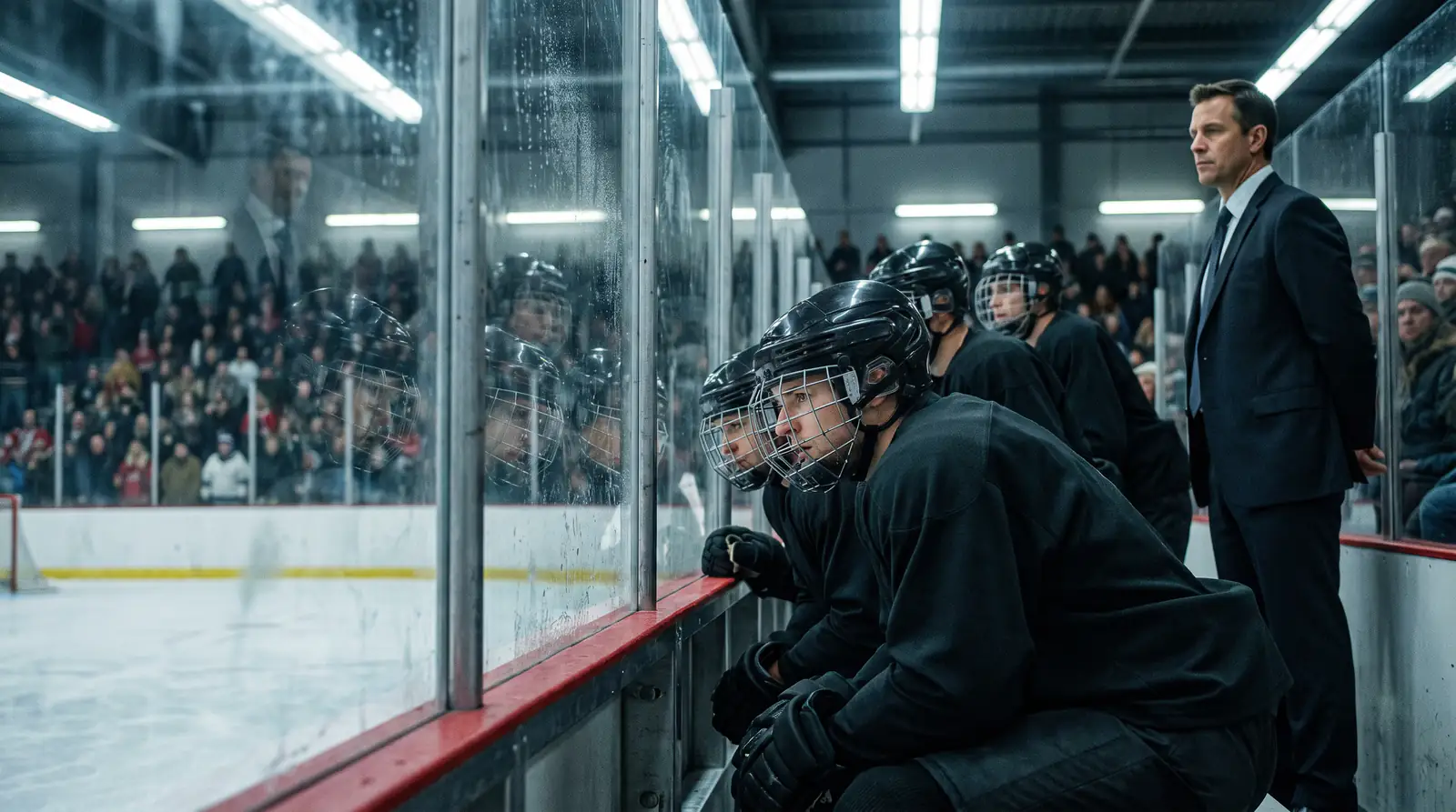 Intense NHL playoff series game atmosphere on the bench with players focused
