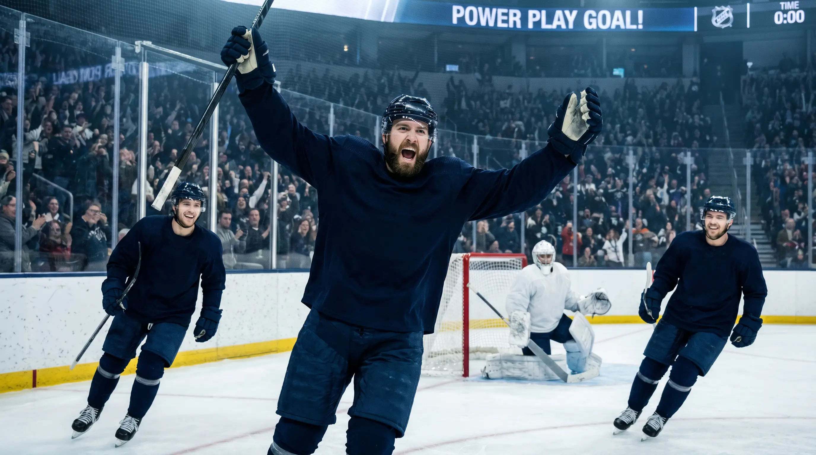 NHL forward celebrating a power play goal with arms raised near the offensive blue line