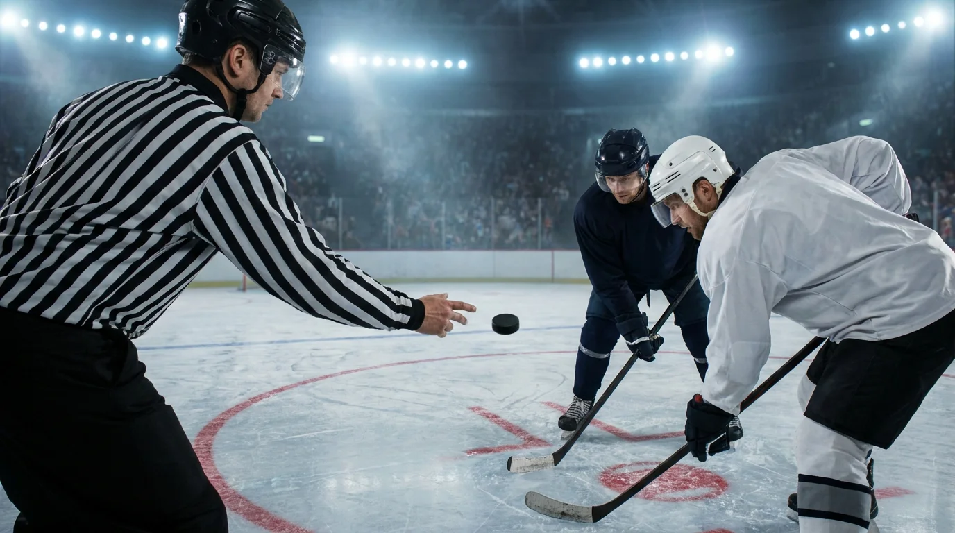 NHL referee dropping the puck at centre ice between two opposing forwards