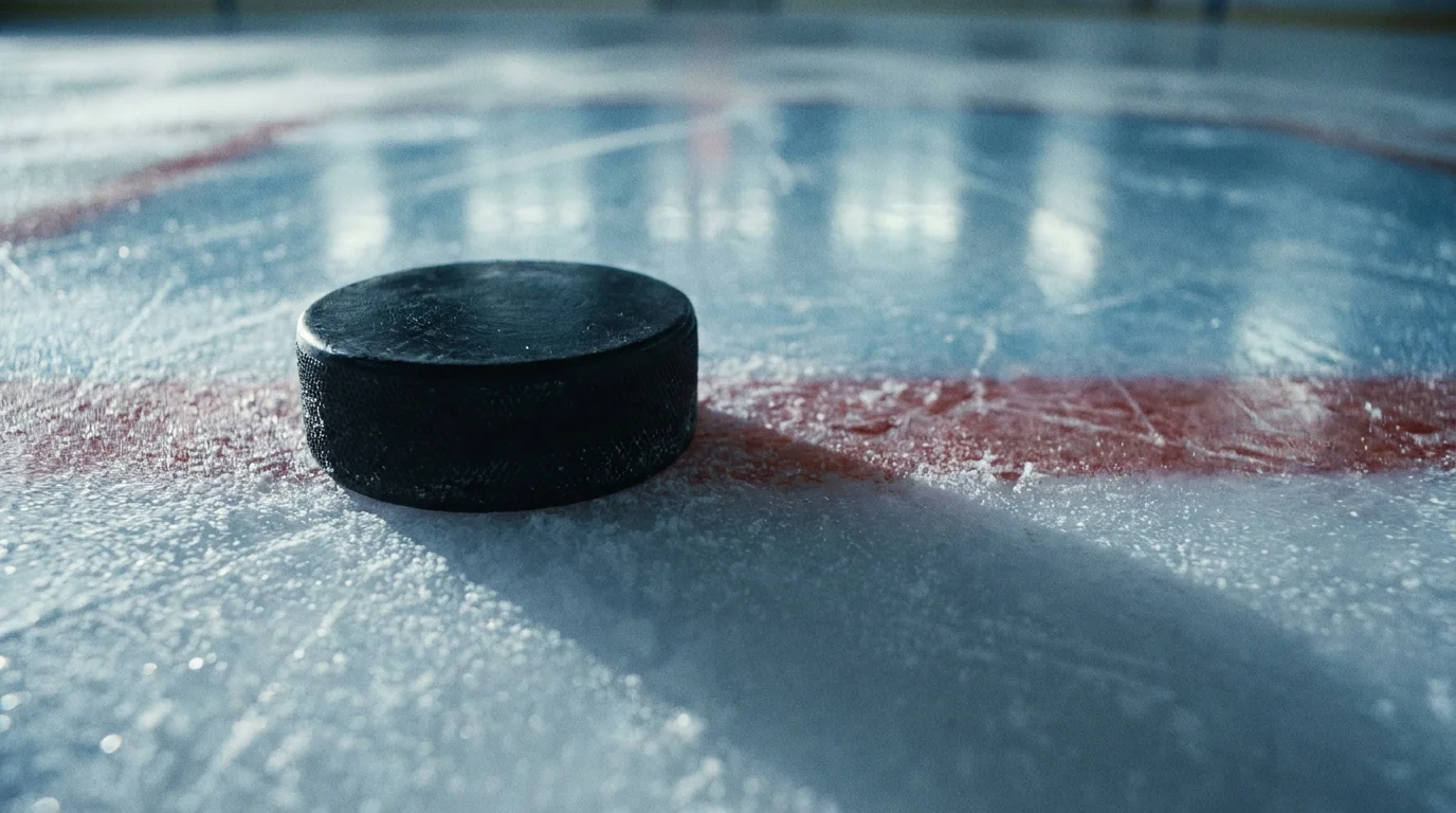 Black ice hockey puck resting on a frozen NHL rink behind the goal line as a symbol of the puck line spread
