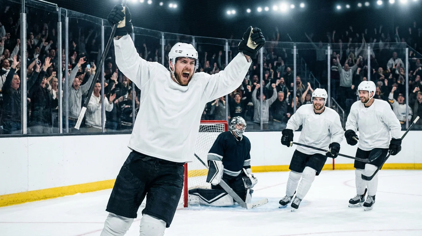 NHL comeback celebration concept with players in unmarked white sweaters cheering a key goal