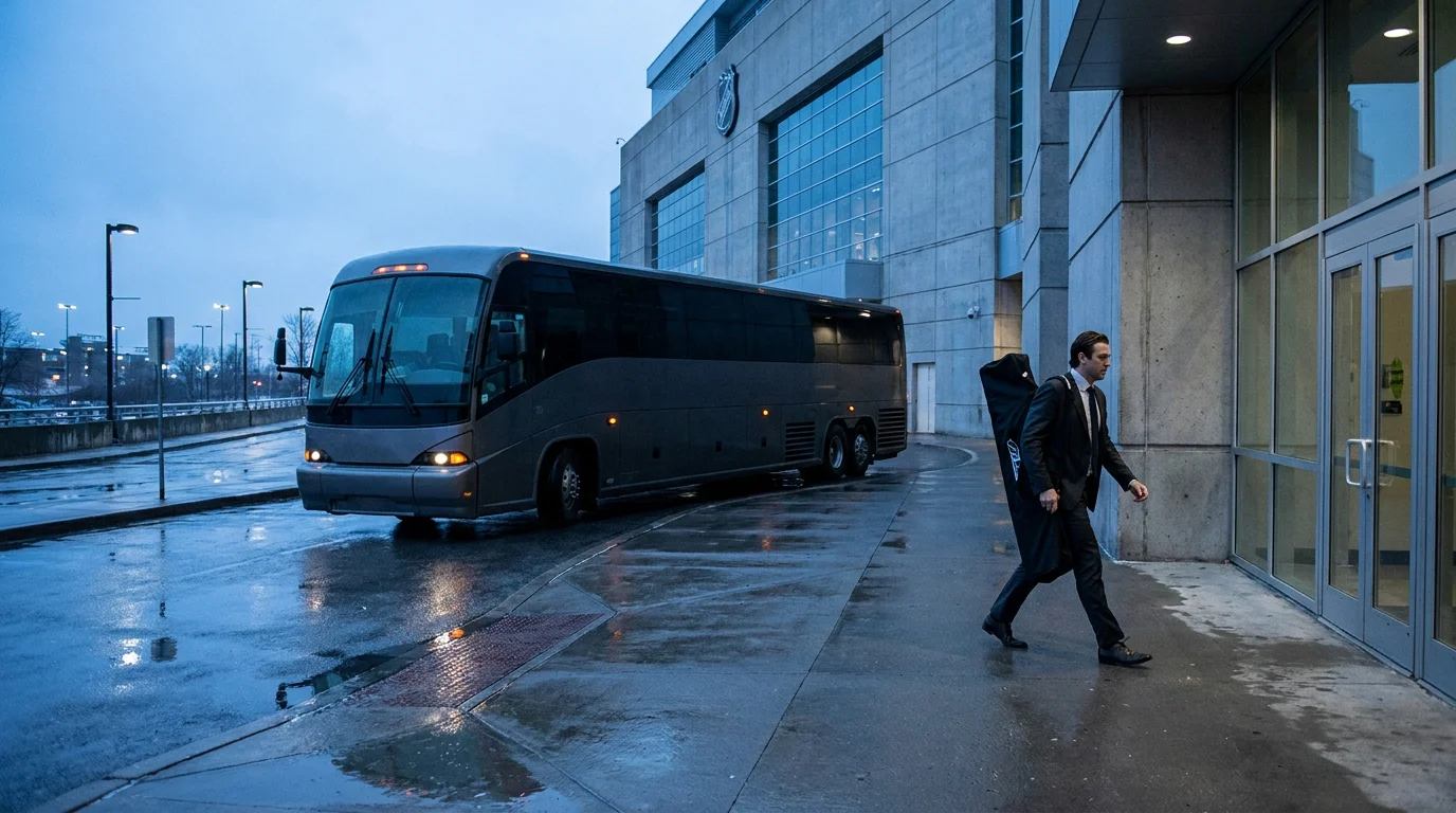 Road NHL team arriving at a visitor arena with travel fatigue visible