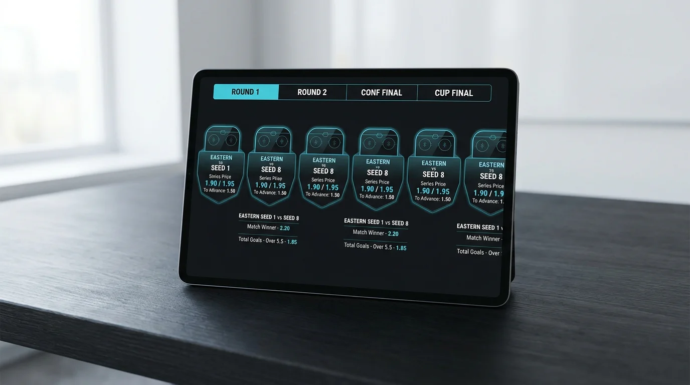 UK sportsbook NHL round-by-round playoff markets displayed on a tablet