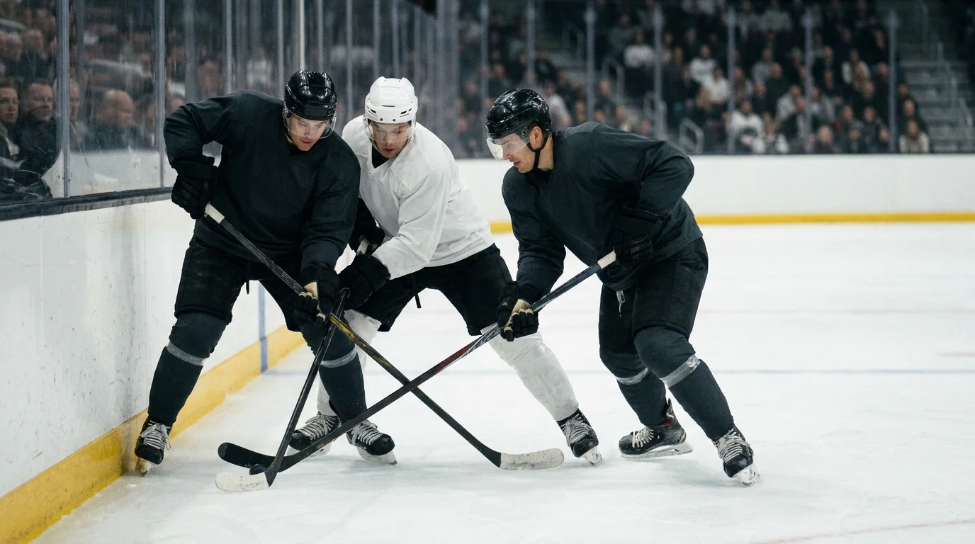 Defensive cycle in the second period of an NHL game with players grinding along the boards