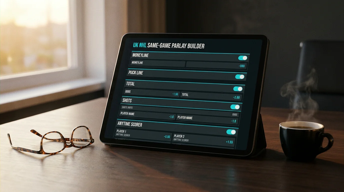 Tablet showing a UK NHL same game parlay builder interface with selectable hockey markets