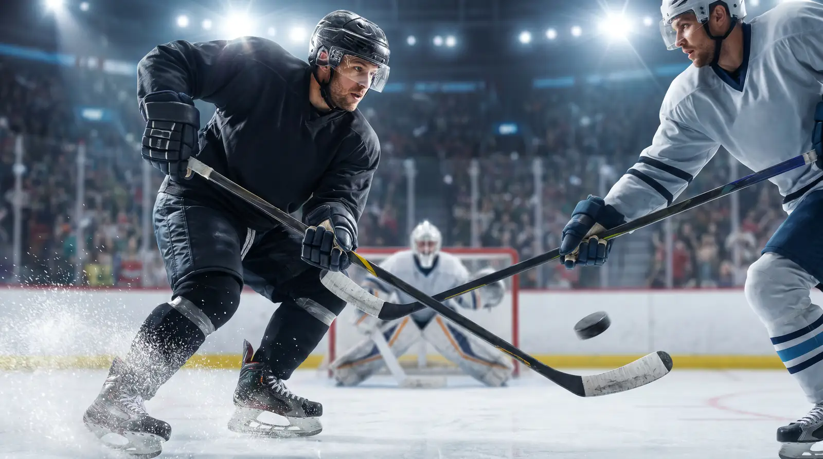 NHL forward releasing a wrist shot toward the net during a high-traffic scoring chance