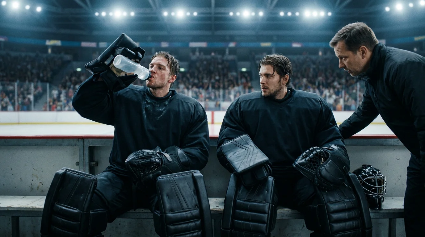 NHL starter and backup goaltender side by side on the bench during a stoppage
