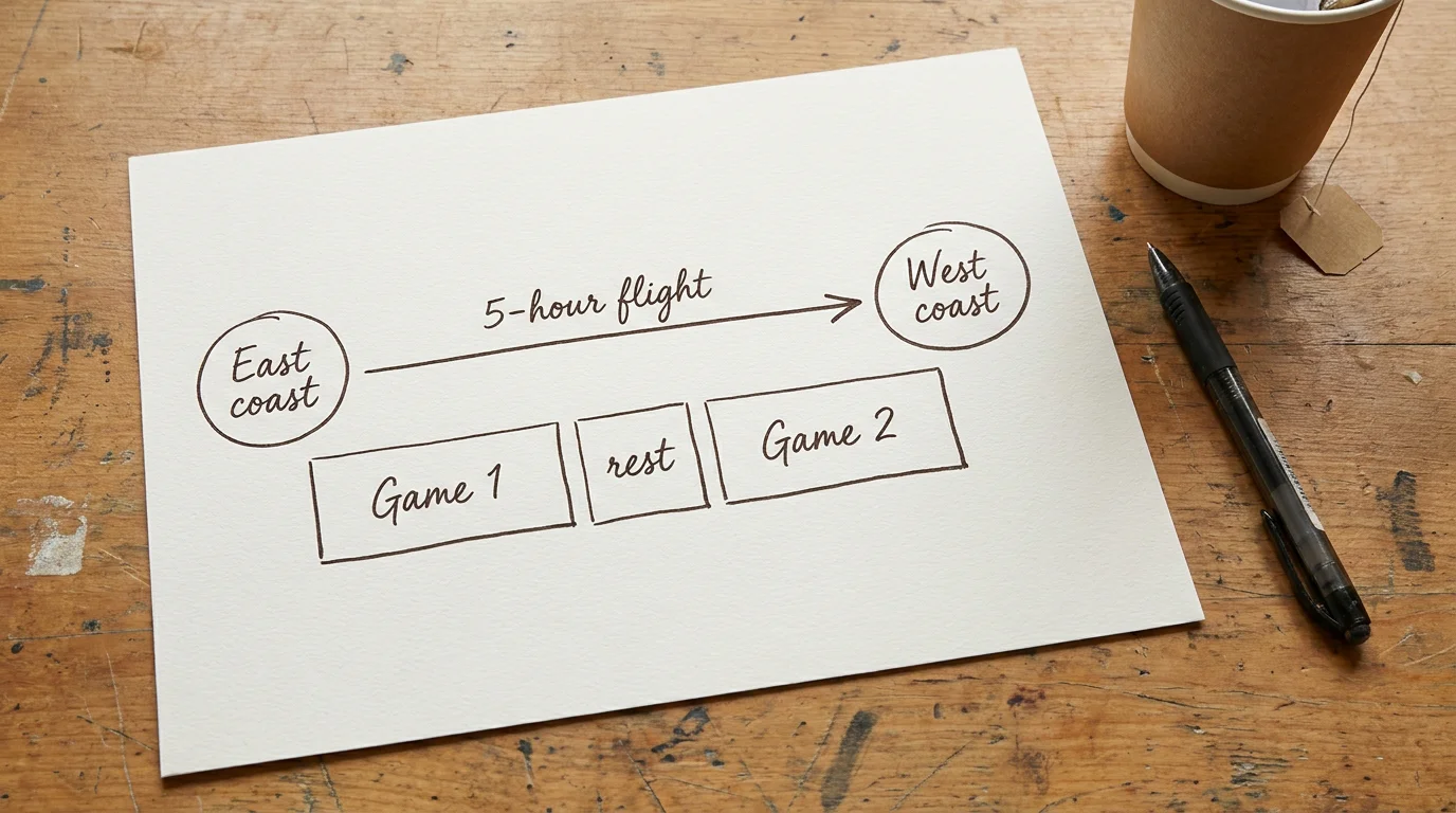 Timeline planning sheet mapping NHL team coast-to-coast travel and rest days between games