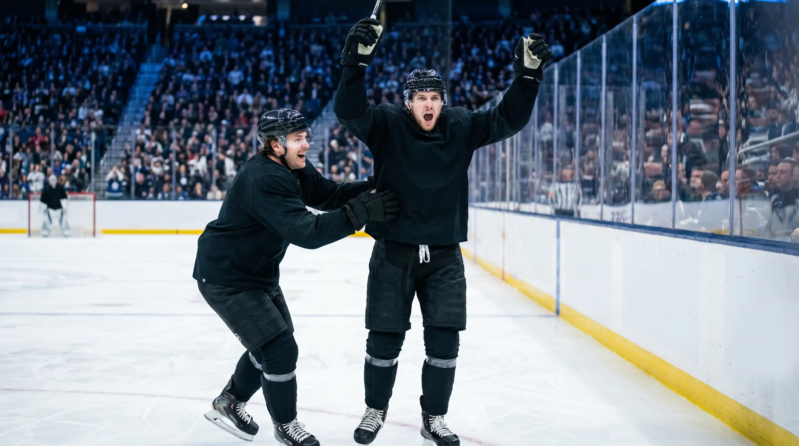 NHL top-line forward celebrating a goal showing correlated parlay leg scenarios