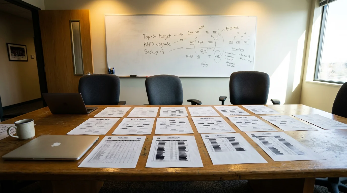 NHL front-office strategy table with player files and depth charts laid out before the trade deadline