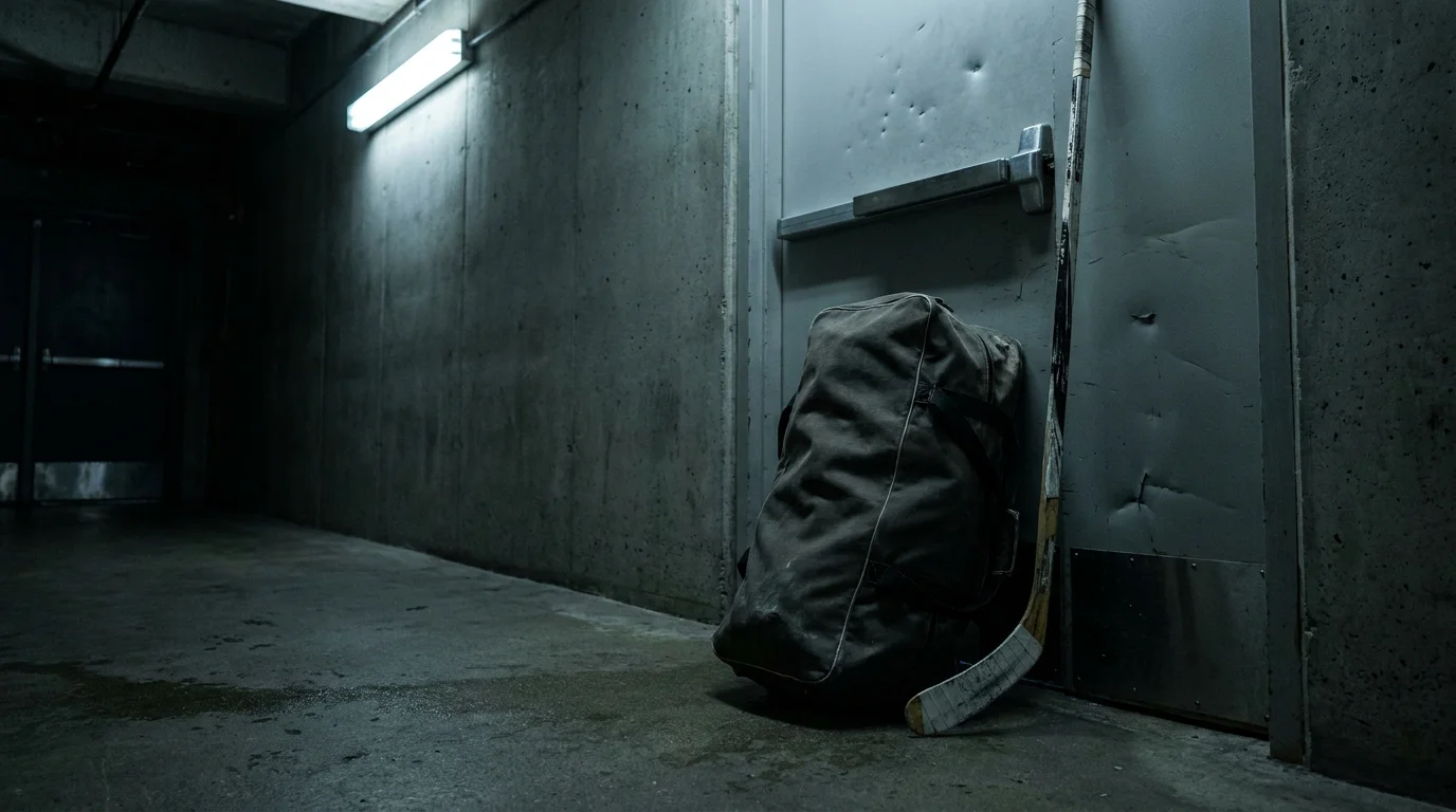 Concept of the NHL trade deadline window with a player's equipment bag at an arena entrance