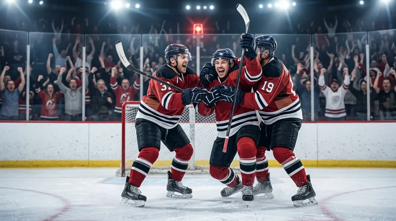 Underdog NHL team celebrating a go-ahead goal at home with crowd cheering in the background