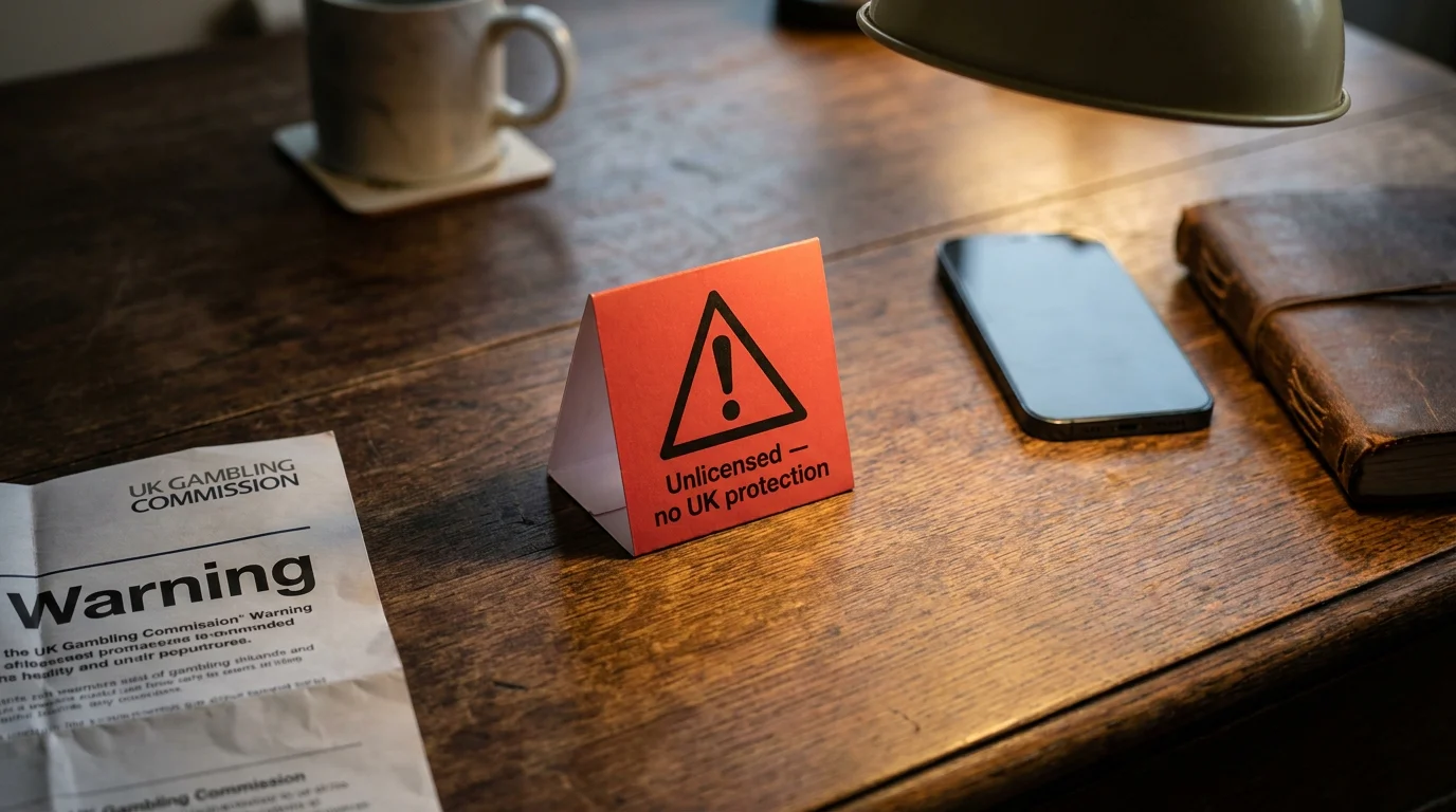 Red warning sign on a UK desk symbolising the risk of unlicensed offshore NHL betting operators