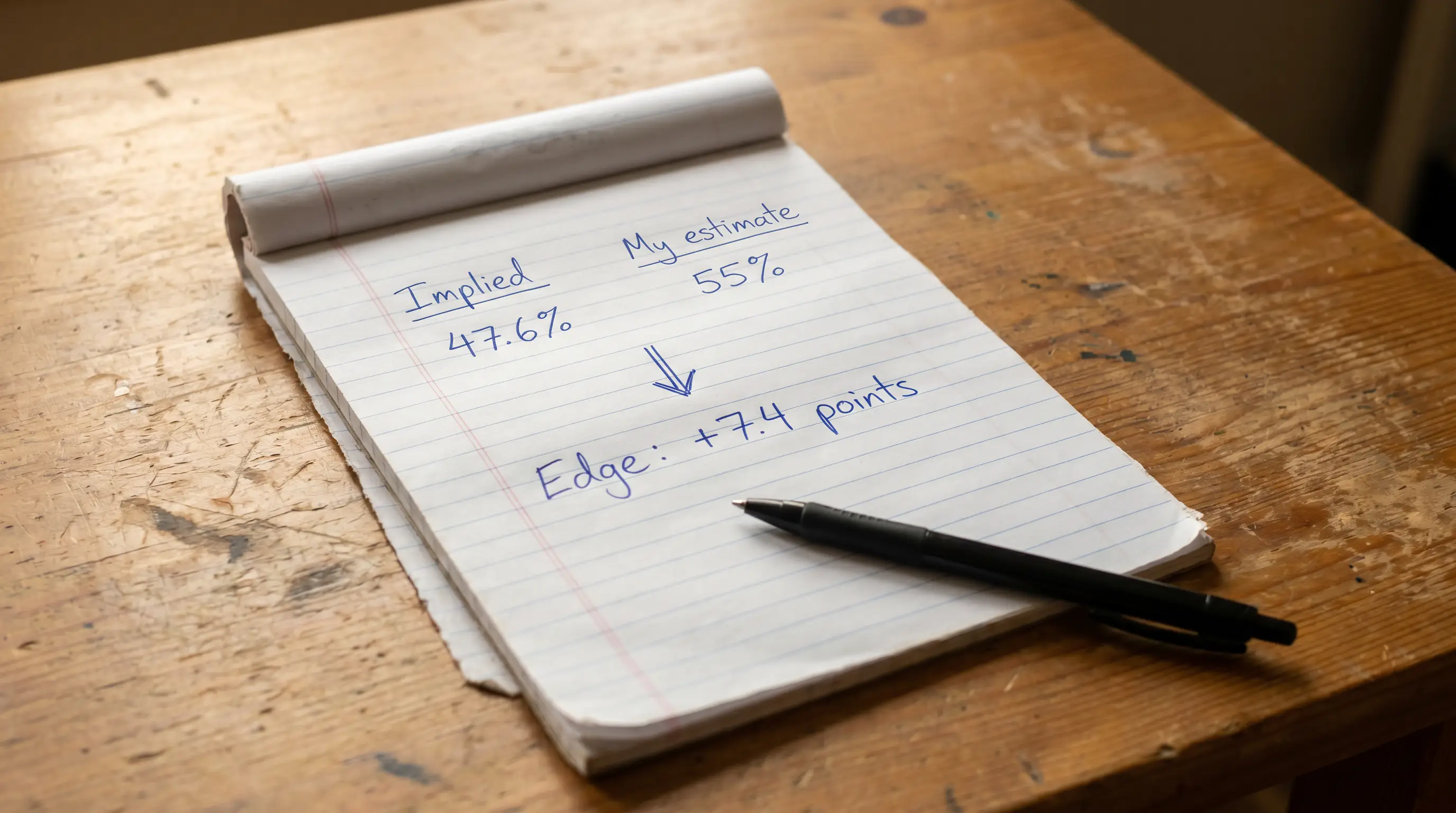 Bettor working out positive expected value with side-by-side probability columns on a notepad