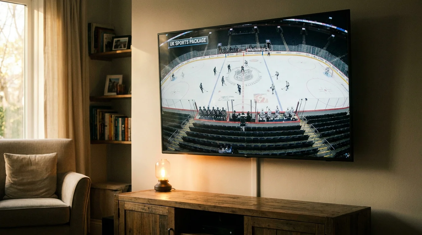 Premier Sports-style UK NHL broadcast playing in a quiet evening living room