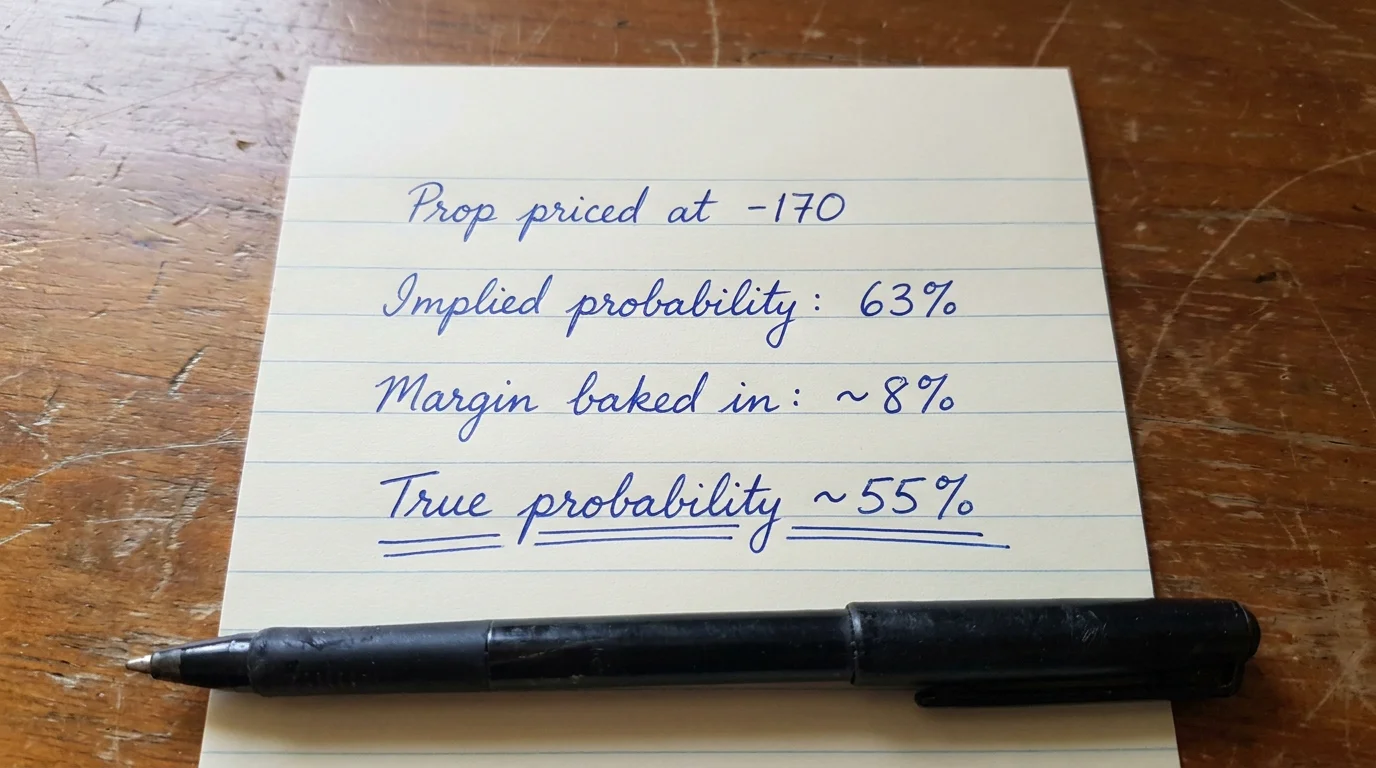 Handwritten paper note dissecting a heavy-juice prop into implied probability and bookmaker margin