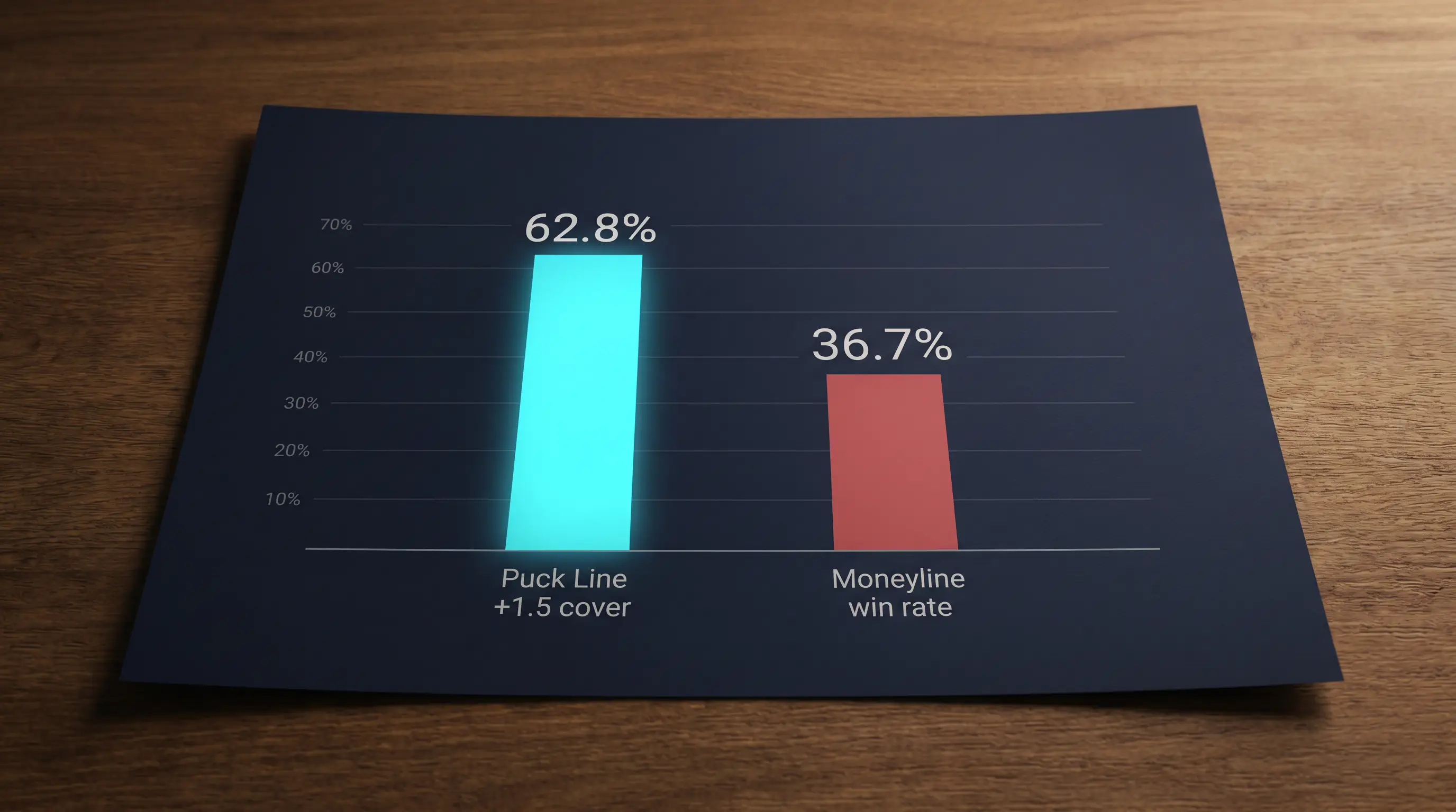 Two-bar comparison showing 62.8 percent puck line cover rate against 36.7 percent moneyline win rate