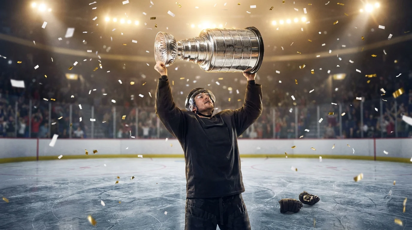 Stanley Cup trophy lifted above the ice under arena lights at the end of an NHL Finals series