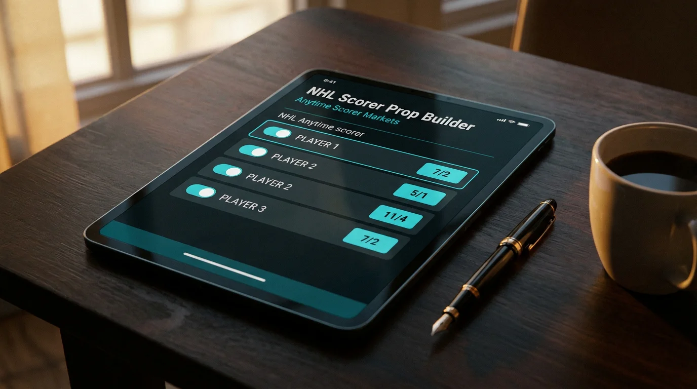 UK NHL anytime scorer prop builder interface displayed on a tablet