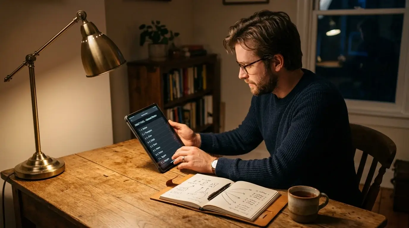 UK bettor researching Conn Smythe Trophy candidates on a tablet at an evening desk