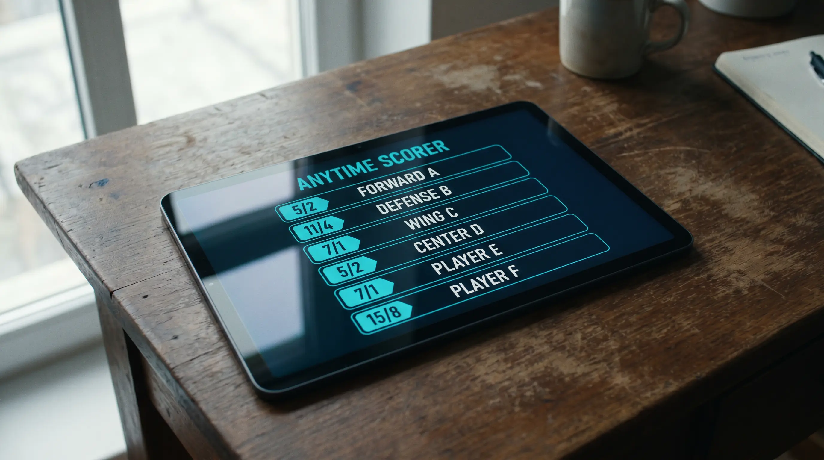UK sportsbook NHL anytime goal scorer market list on a tablet screen