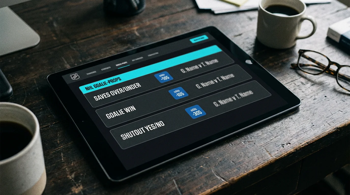 UK sportsbook NHL goalie props page on a tablet listing save and shot markets