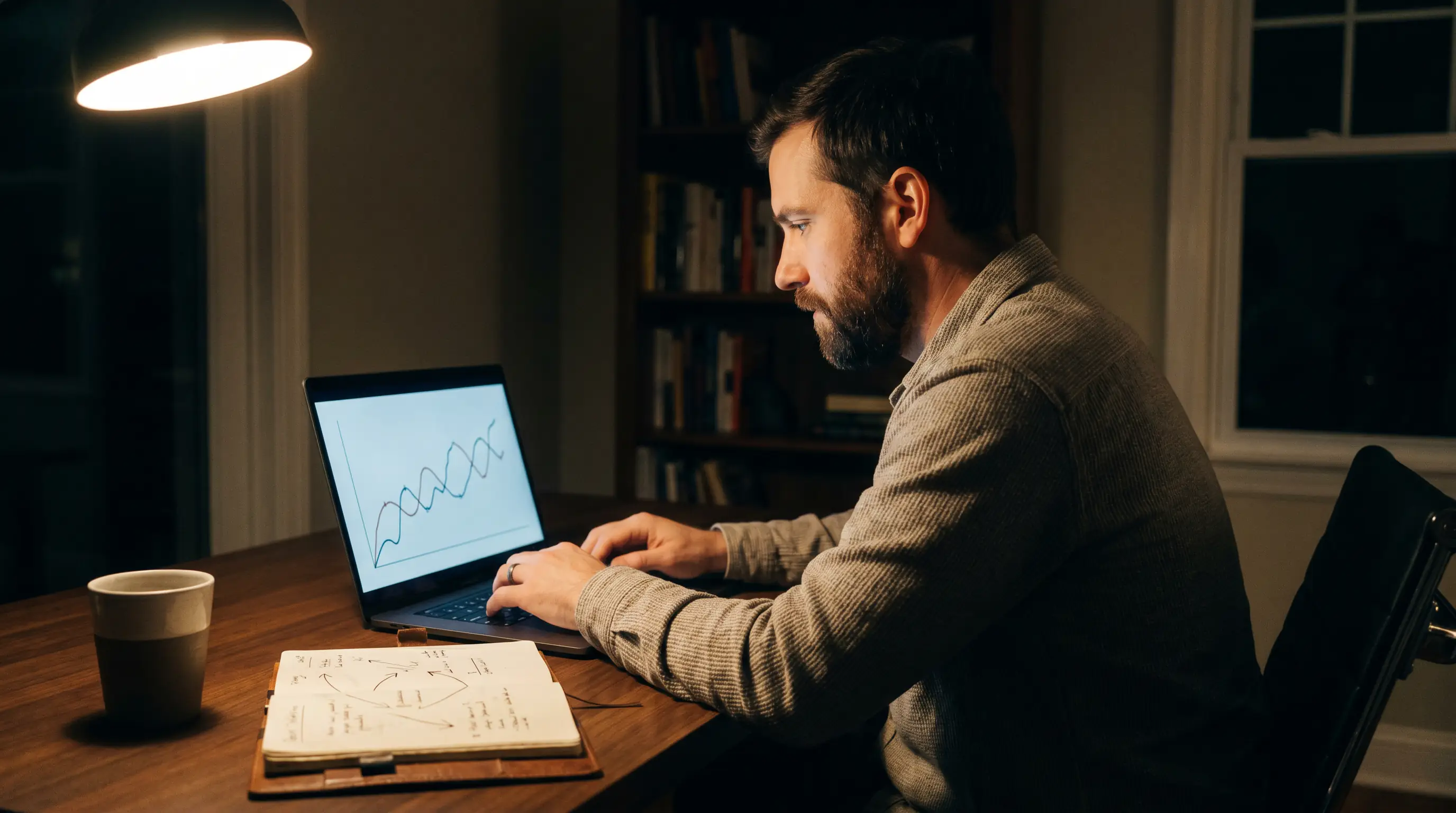 Edge case concept of a trader-style UK bettor reviewing patterns on a laptop