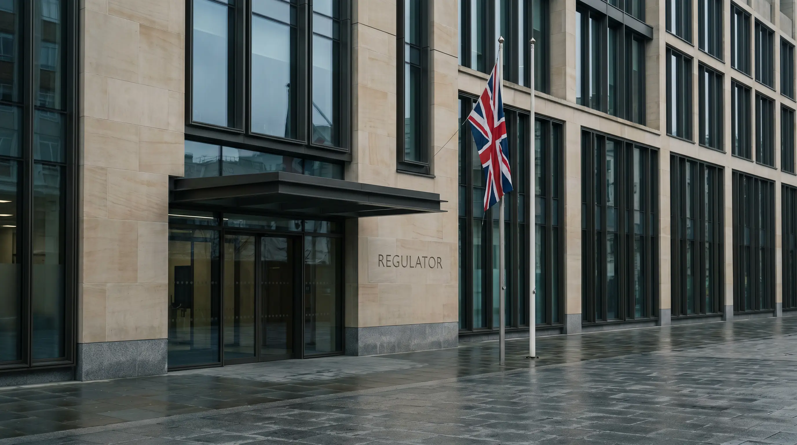 Exterior of a modern UK regulator building in central London under overcast sky, representing the UKGC oversight that licenses NHL betting operators serving Great Britain.