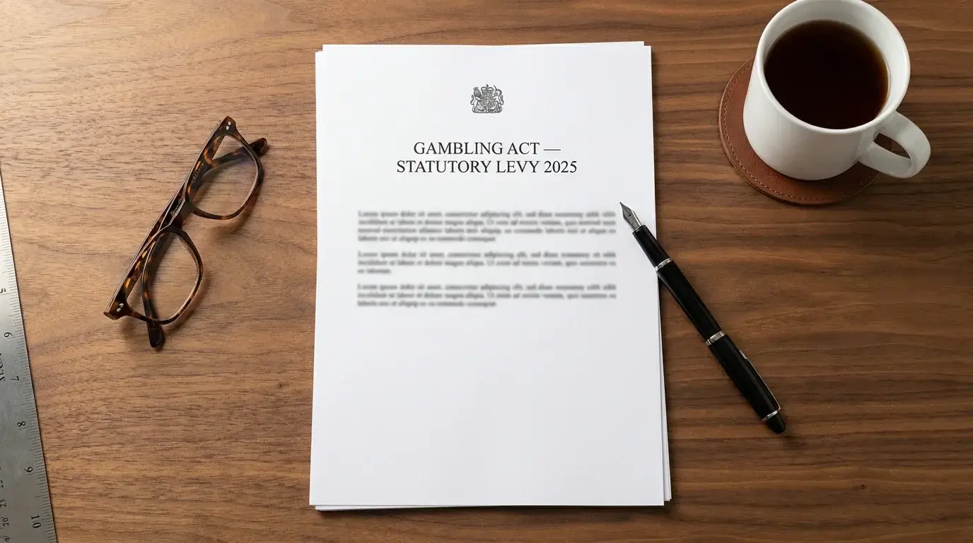 Close-up of an official-looking printed regulatory document on a wooden desk in soft daylight, representing the UK statutory levy and financial vulnerability check rules introduced through 2025.