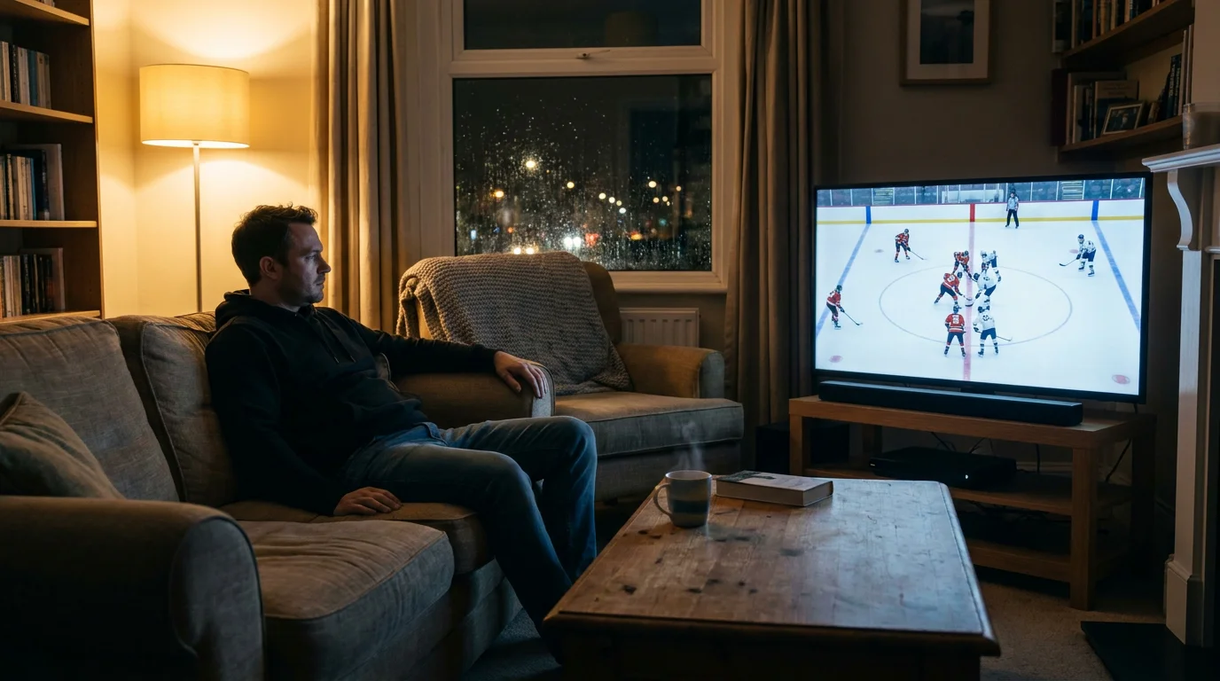 UK punter watching a late-night NHL game on television from a living-room sofa with a mug of tea on the table
