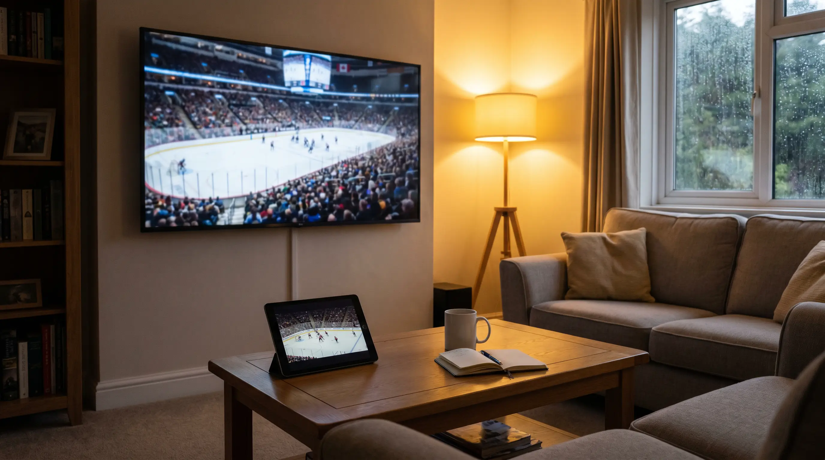 Conceptual UK NHL viewer's coverage stack across TV and tablet for full season viewing