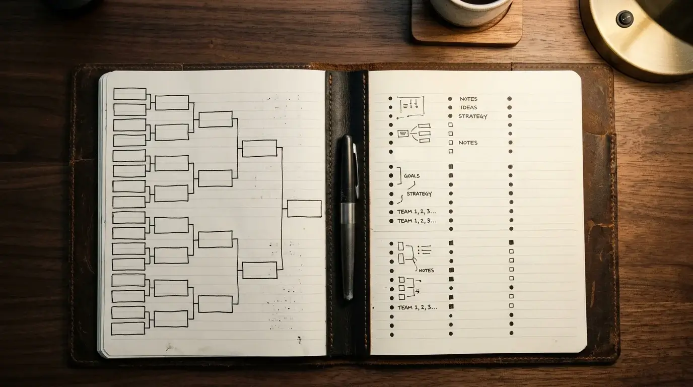 UK bettor's playoff framework summary in a leather notebook on a tidy desk