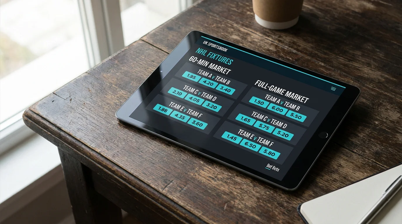 Tablet UI showing a UK sportsbook NHL regulation-time bet card alongside the full-game card