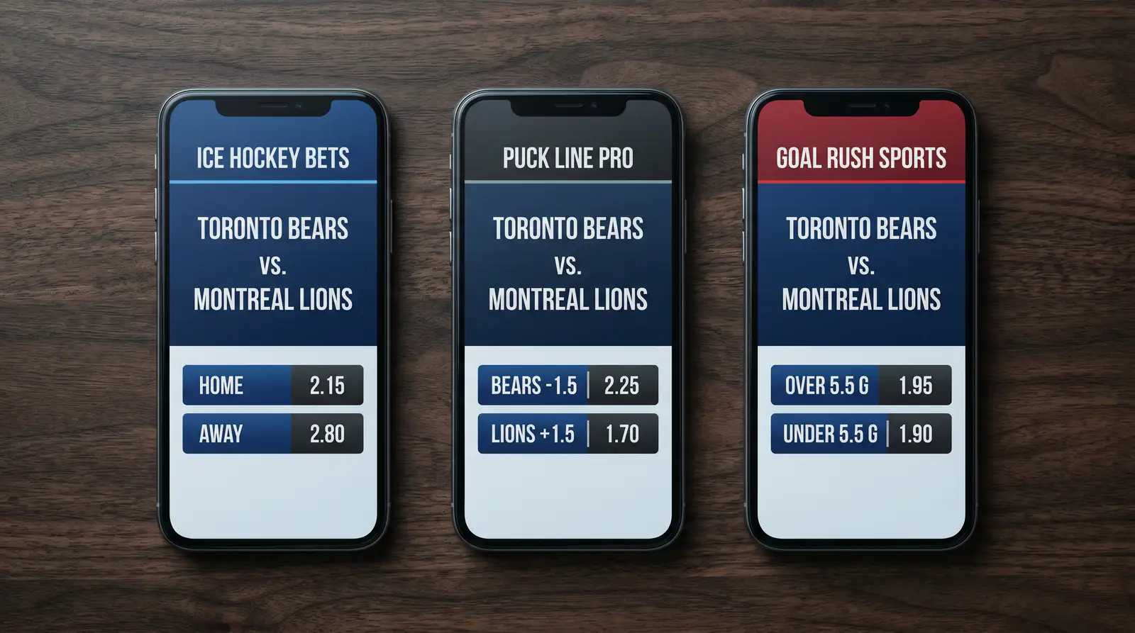 Three UK sportsbook screens side by side comparing the same NHL match's odds