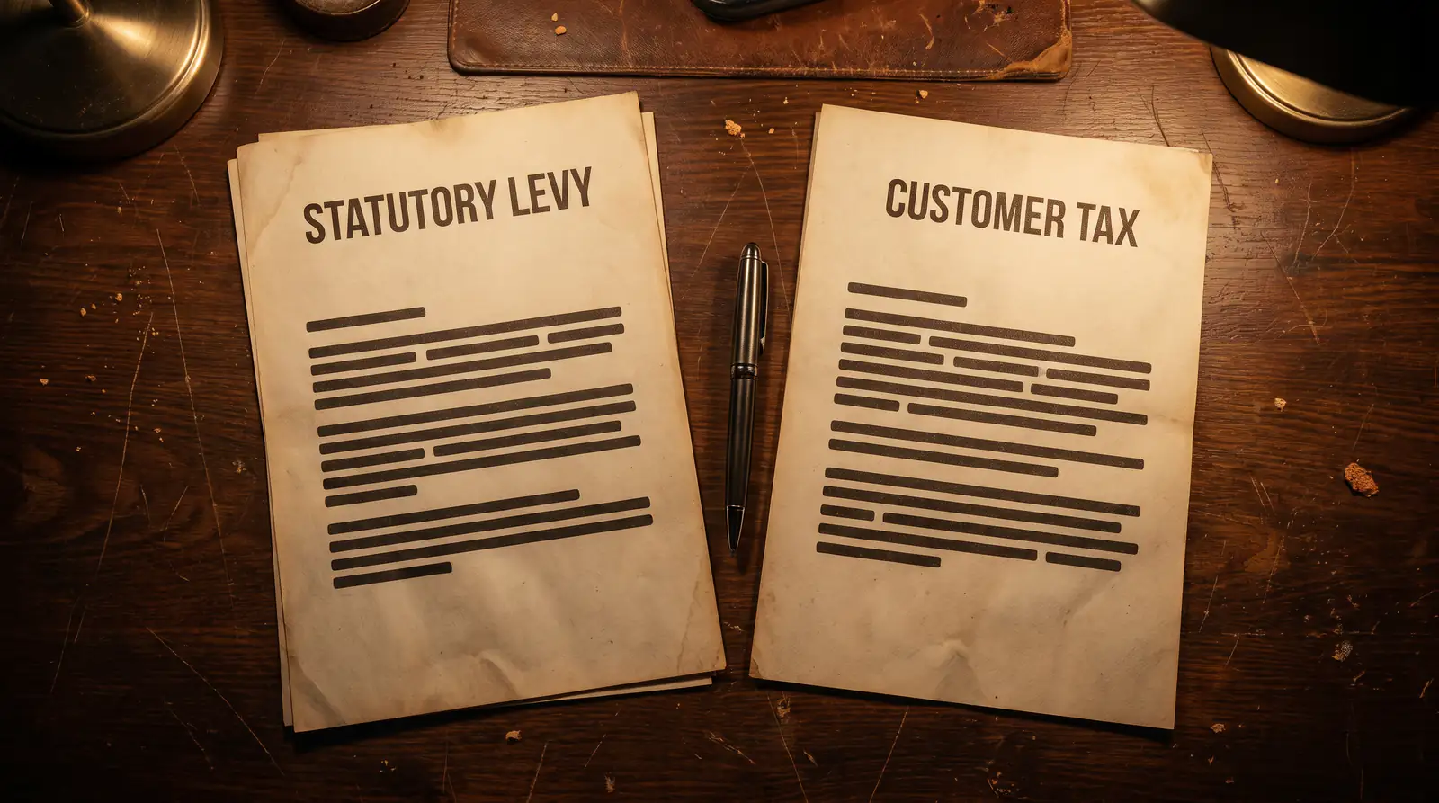 Conceptual comparison of UK statutory levy versus customer tax on a paired-document desk scene