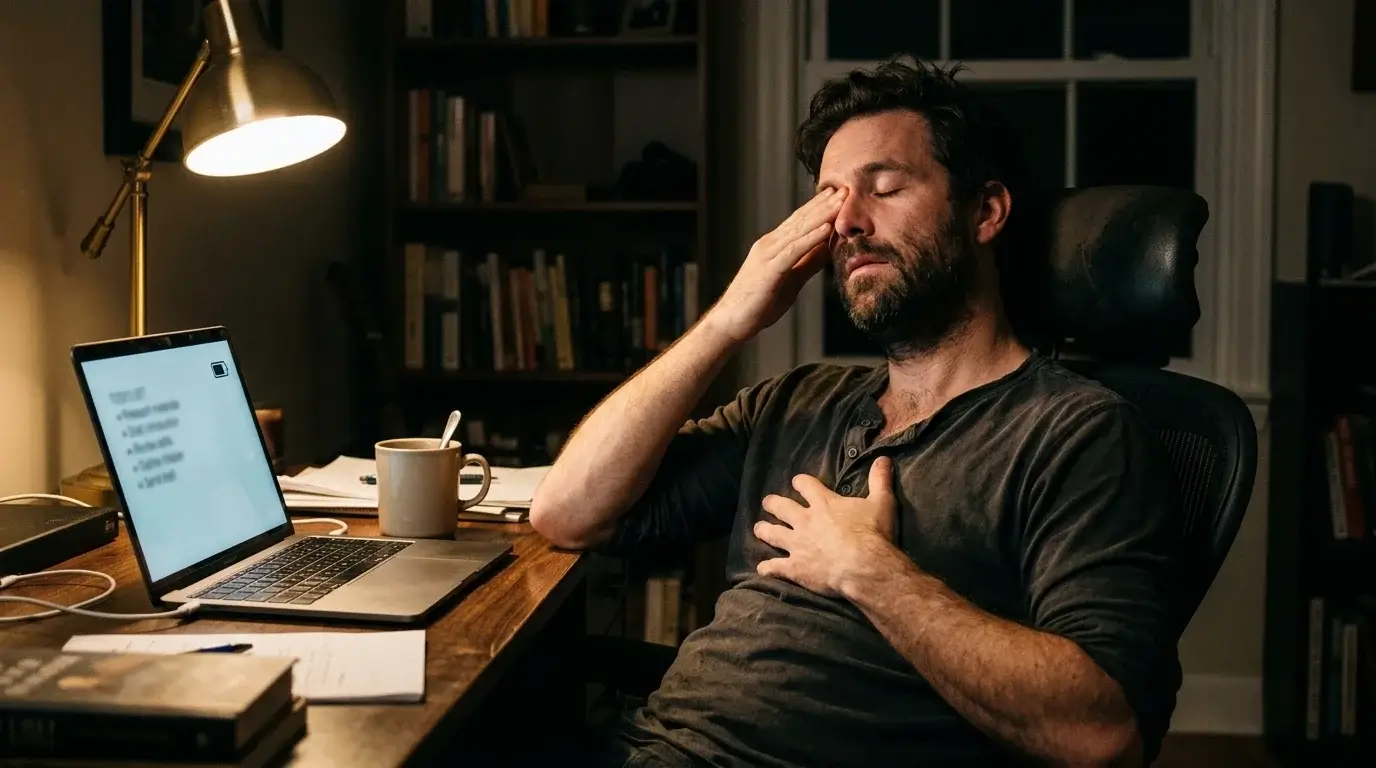 Tired UK bettor at a laptop late at night, fatigue visible during NHL live betting